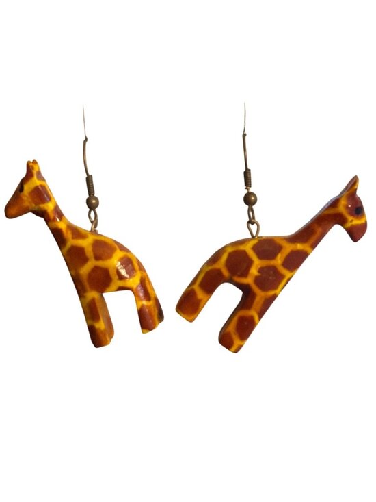 Jewelry - Hand painted Giraffe Dangle Wood Earrings Lightweight Hooks Safari Animal 2"